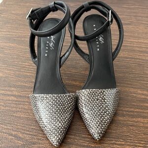 Women's Pointed Toe Ankle Strap heels- Black/cream LEATHER Snakeskin design